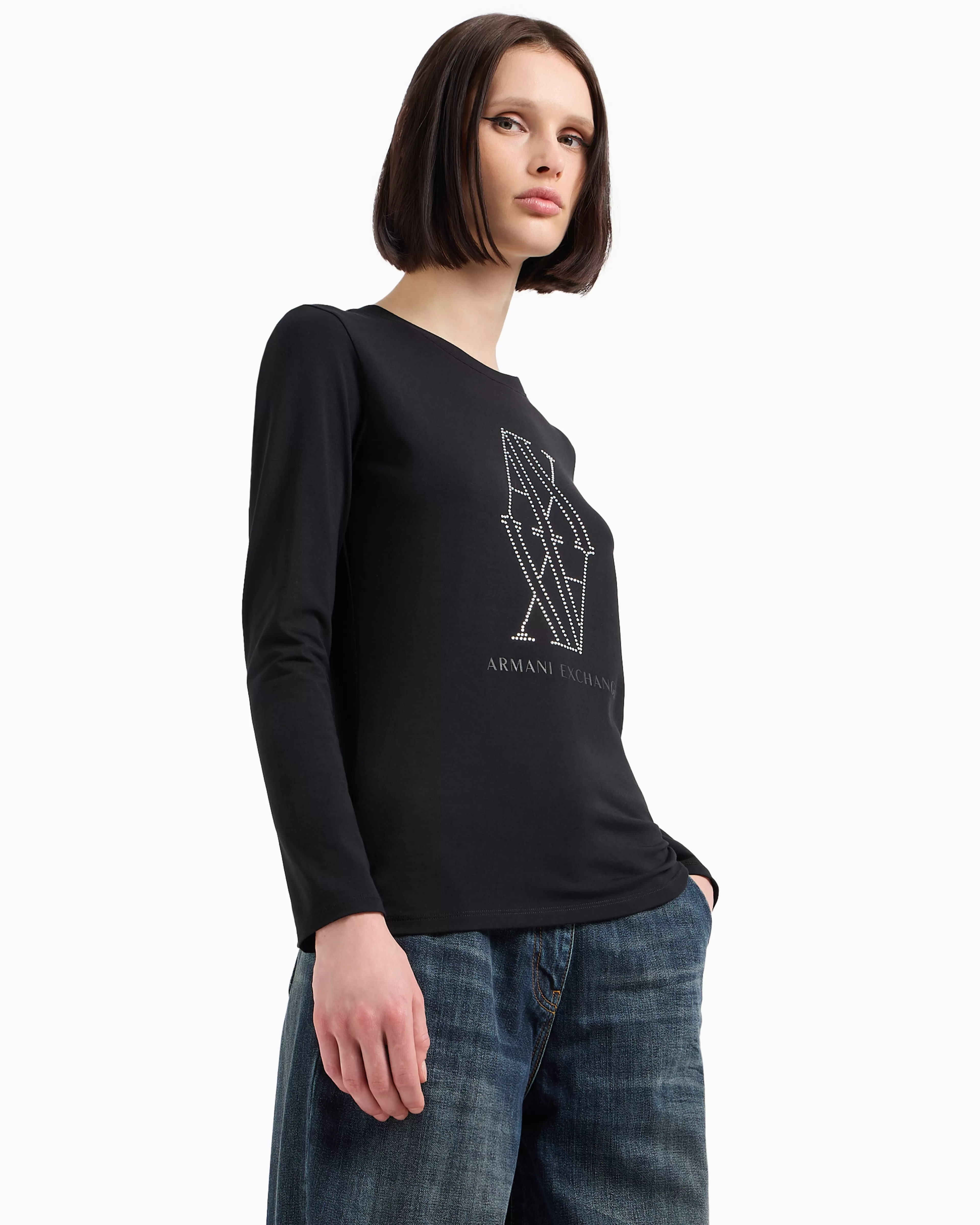 Armani Exchange ASV Studded Monogram Long Sleeve Regular Fit T-Shirt* T-Shirts
