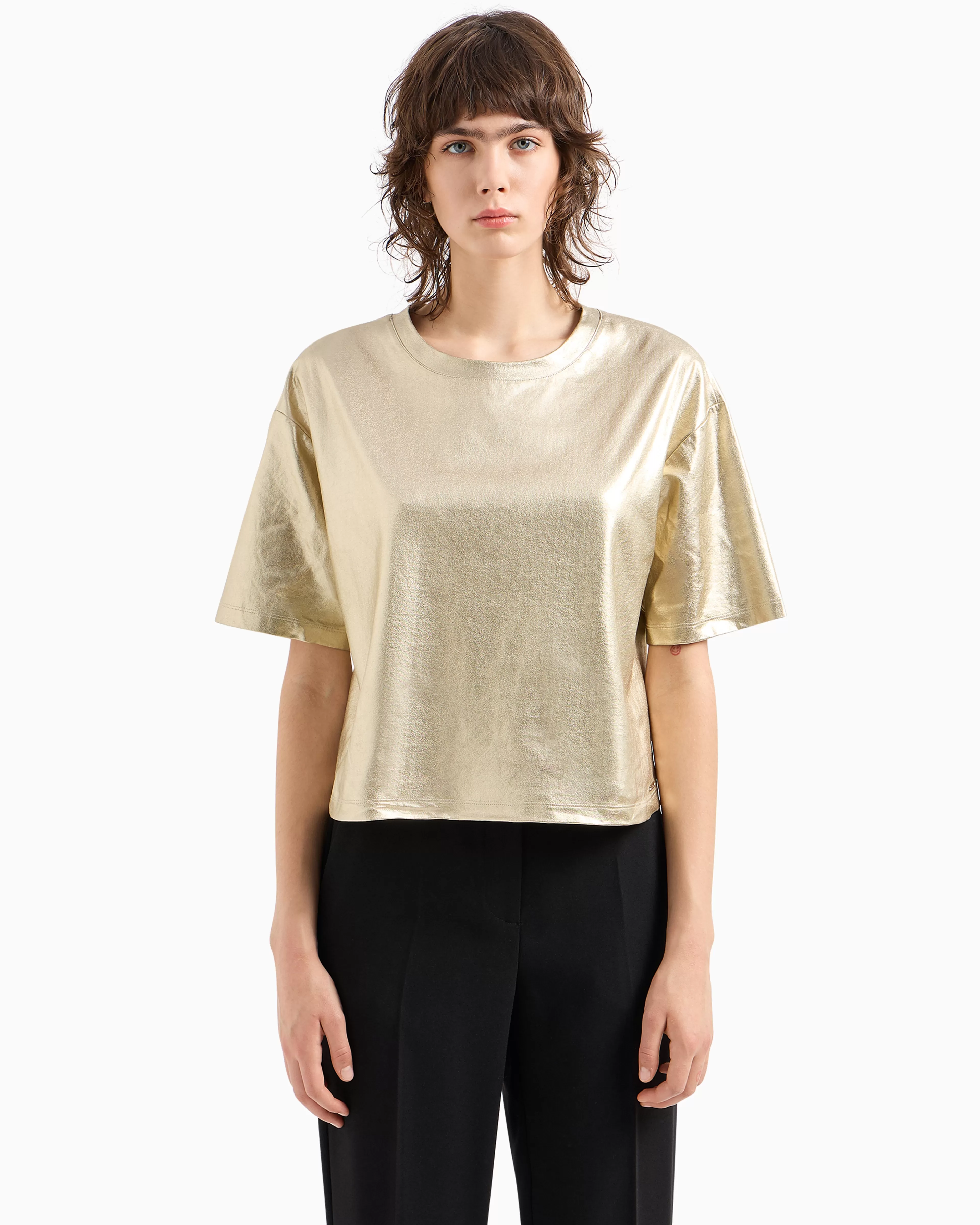 Armani Exchange Cropped fit T-shirt in metallic lurex* T-Shirts