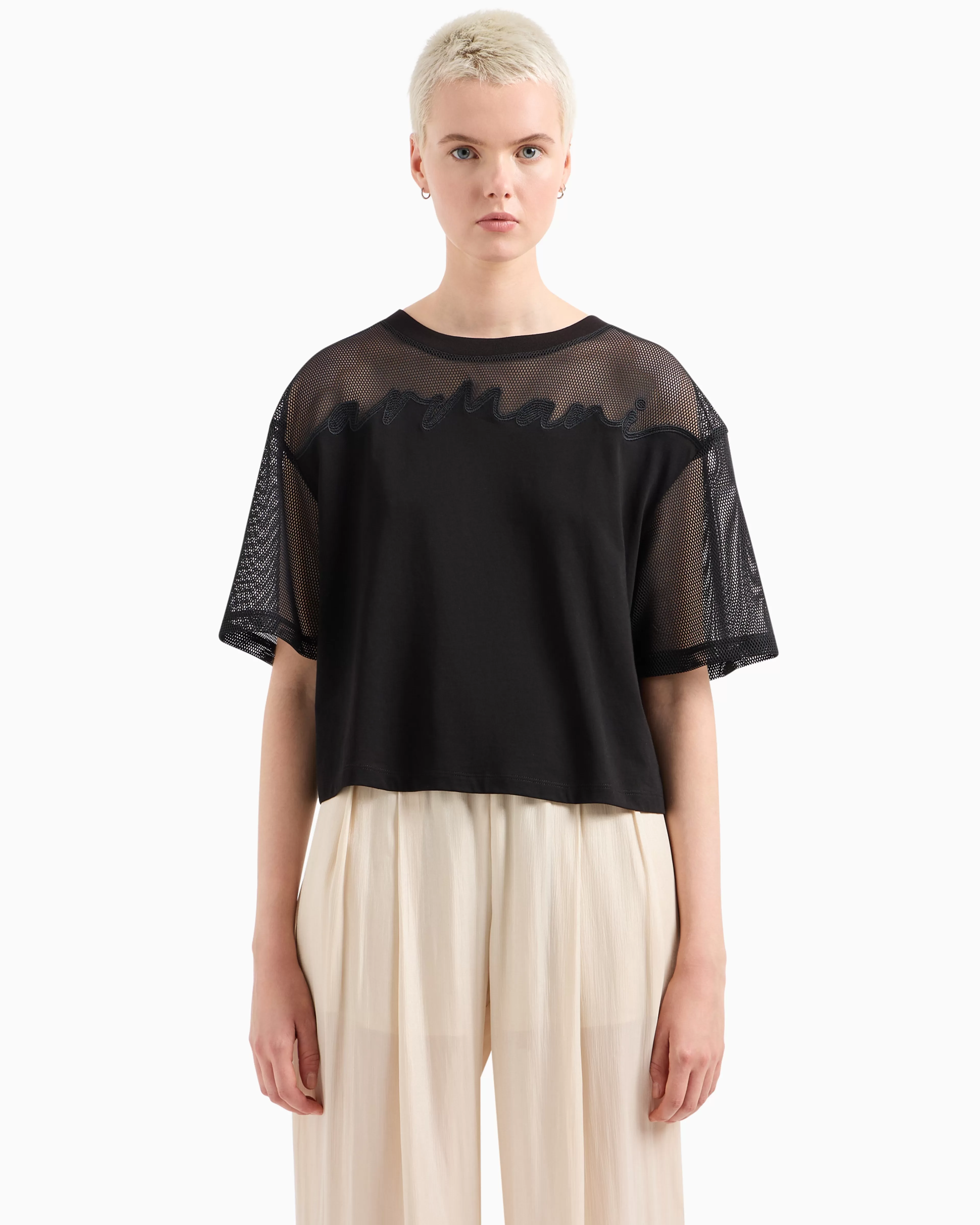 Armani Exchange Cropped T-shirt with monogram logo in ASV cotton* T-Shirts
